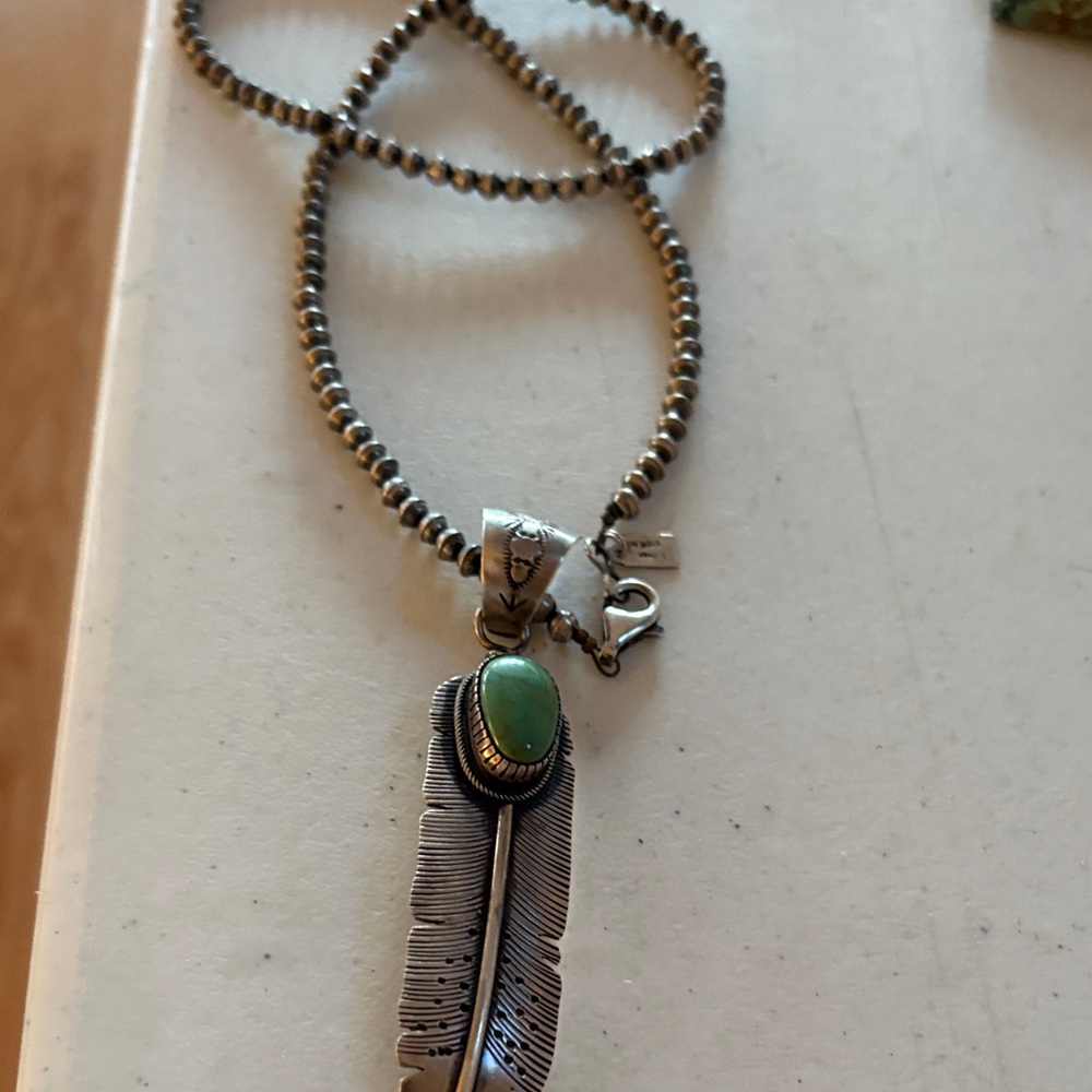 Turquoise and Silver Feather Pendant Necklace